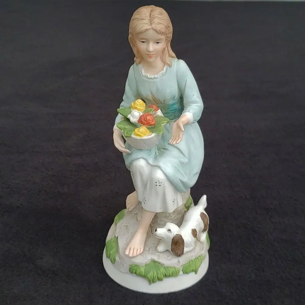 Vintage Homco Girl with Flowers and Dog Porcelain Figurine #1408